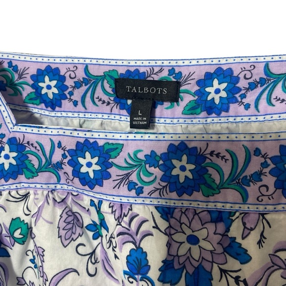 Talbots Blouse Size Large Blue Purple Floral Peacock Square Neck Short Sleeve - Picture 3 of 7